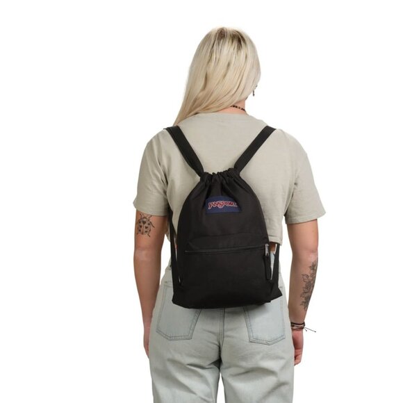 Jansport Black Drawstring Backpack With Front Zippered Pocket & Adjustable Strap - Picture 4 of 7
